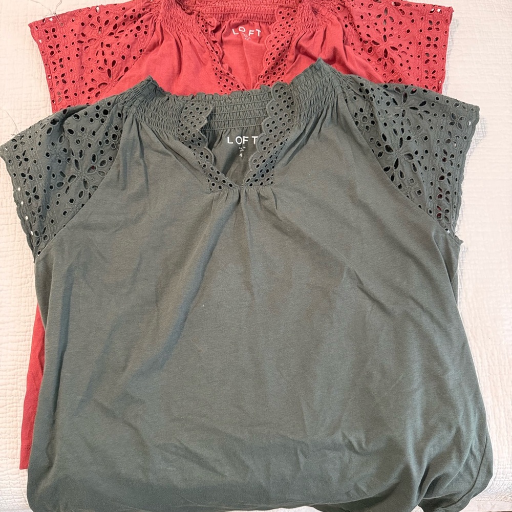 LOFT Women's Eyelet Sleeve Blouses - Olive and Coral Set of 2